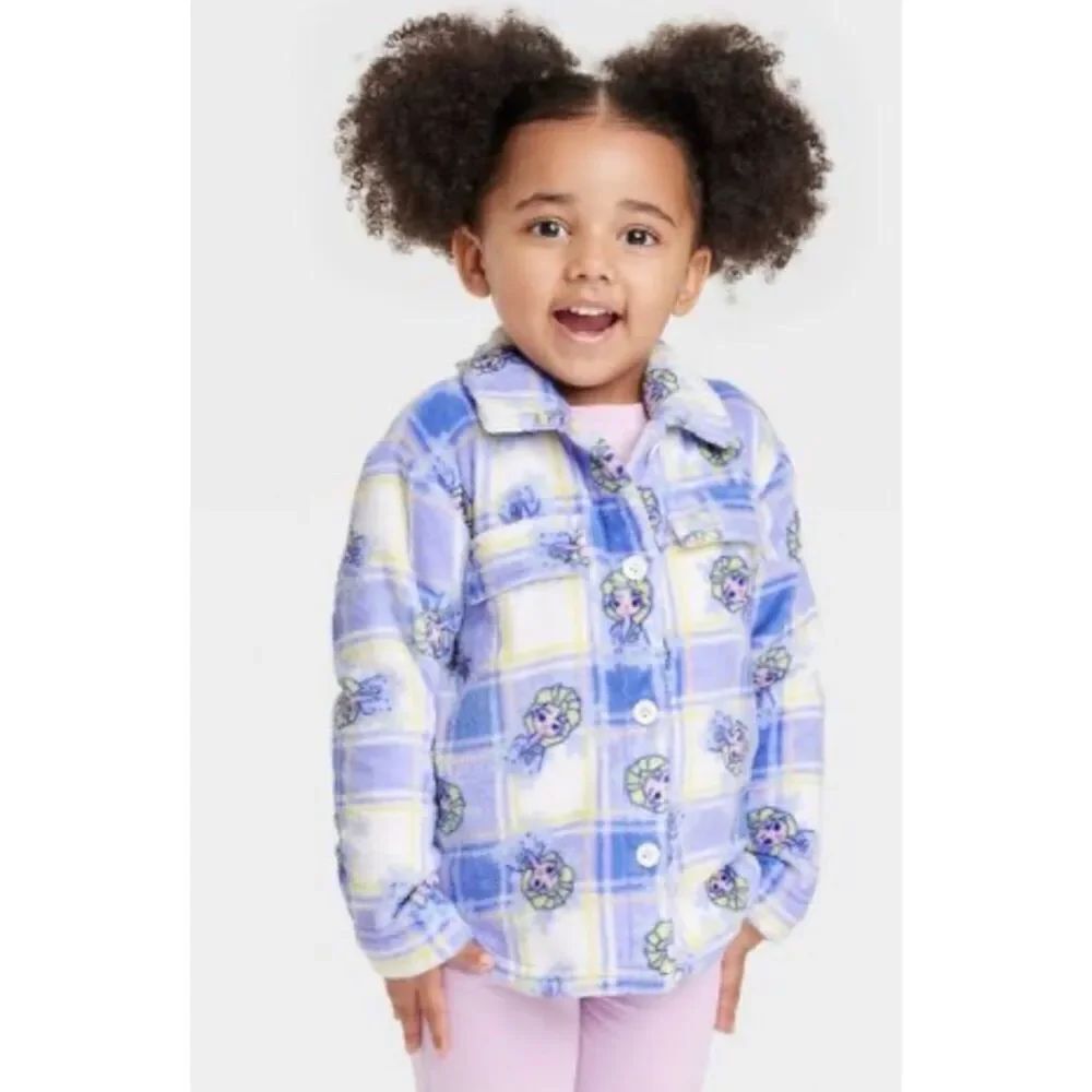 Frozen Fleece Plaid Button Down Girls Shacket Shirt Size 5T Baby Blue White